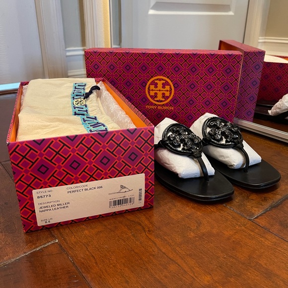 Tory Burch Miller Black Leather Sandals size 8.5 - Picture 1 of 11